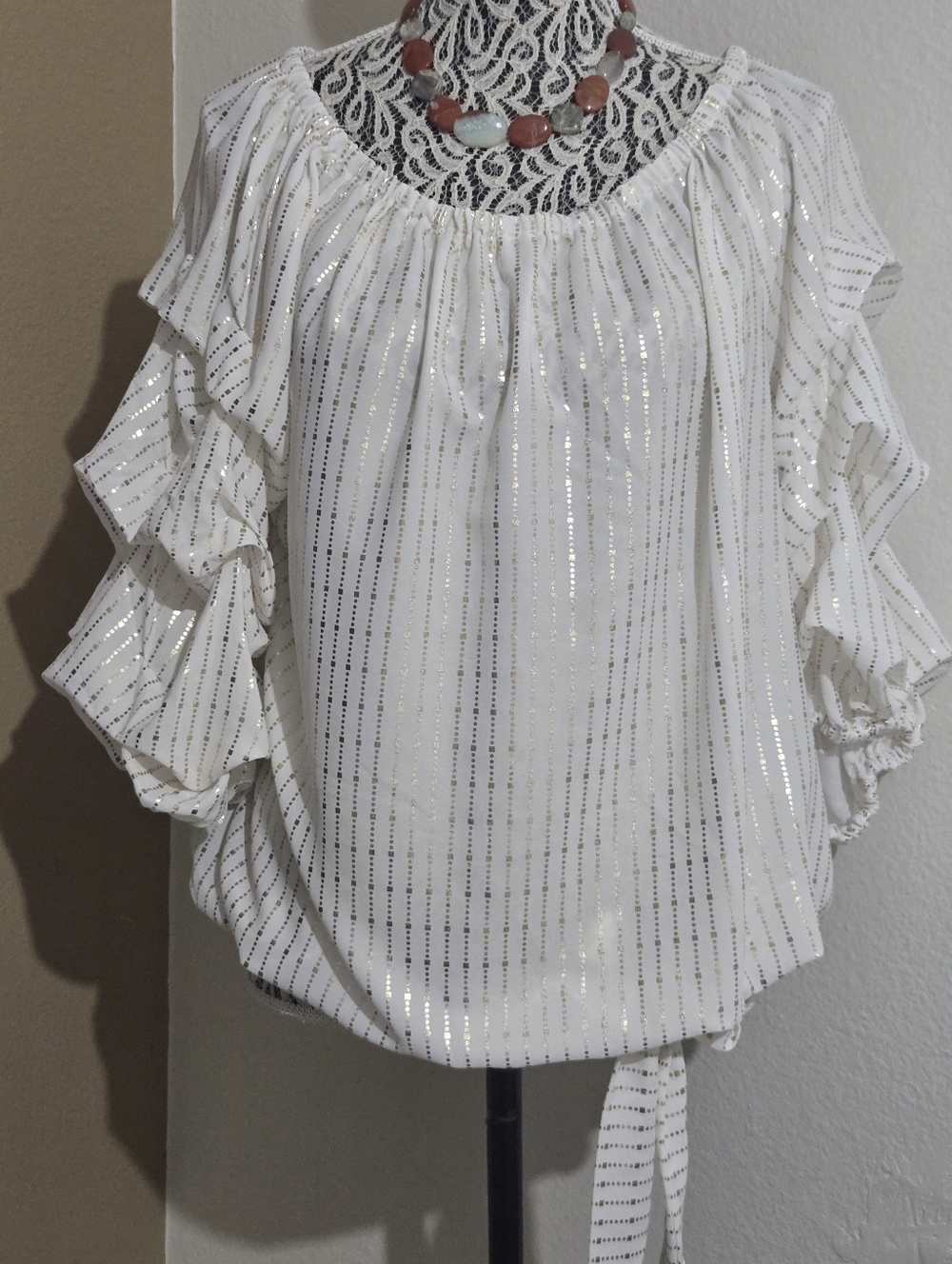 CeCe White Blouse with Gold Metallic Stripes and Ruffle Sleeves
